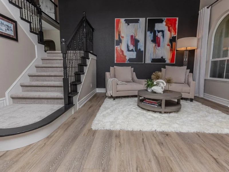 Contemporary living room neutral colors vinyl flooring | Nielson Fine Floors | Lincoln, CA