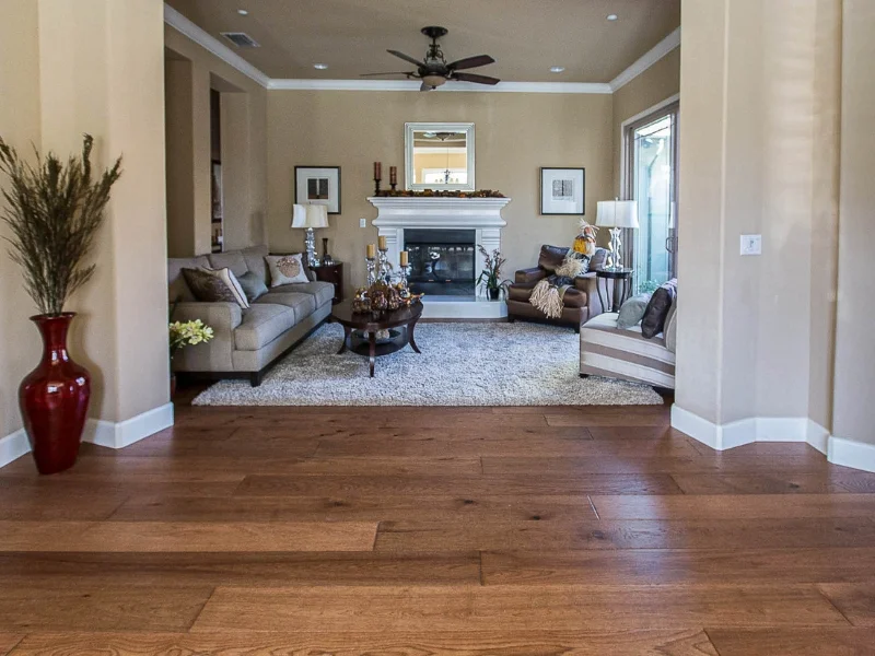 Traditional living room wide plank wood flooring | Nielson Fine Floors | Lincoln, CA
